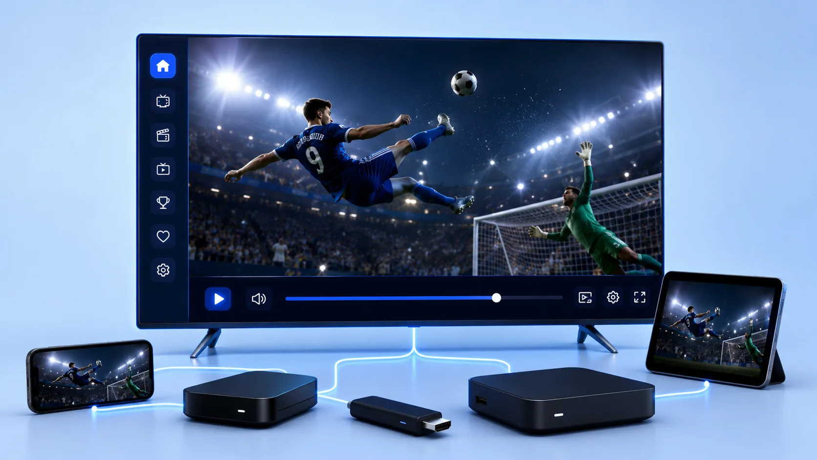 IPTV working across Smart TV, streaming boxes, tablet, and smartphone